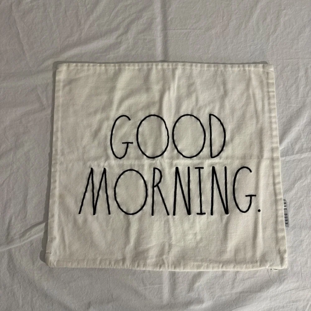Rae Dunn Size 18x18 Cream Good Morning Embroidered Pillow Case Cover